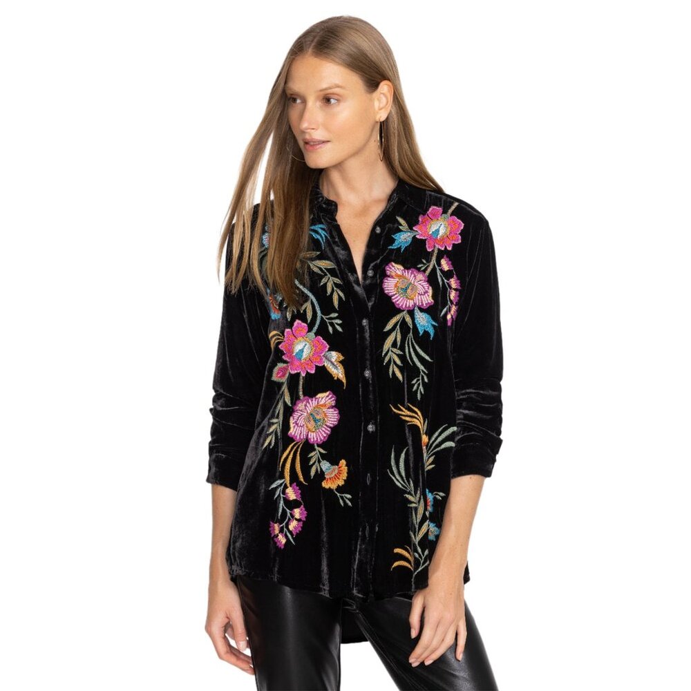 Johnny Was Sidonia Velvet Oversized Pleat Shirt Long Embroidery Top Black XL NEW